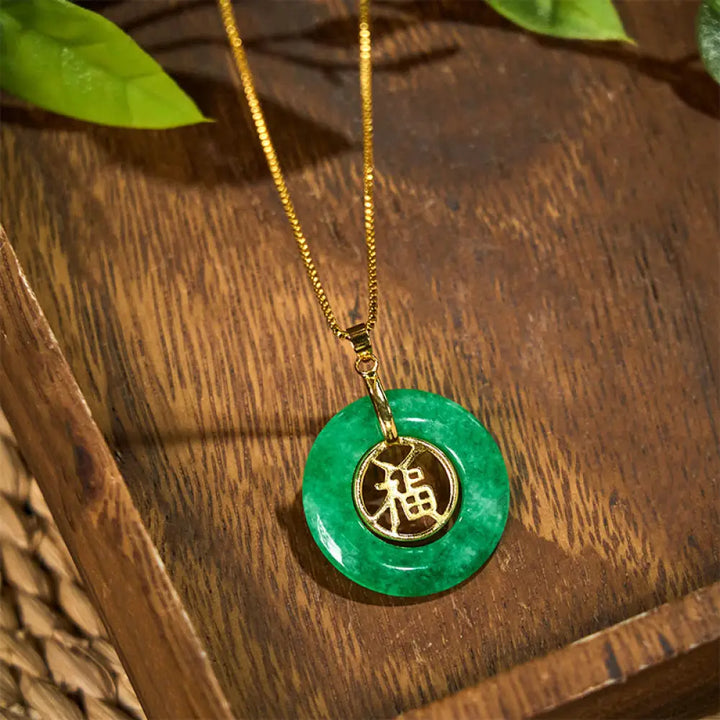 Buddha Stones Cyan Jade Fu Character Peace Buckle Healing Luck Necklace Pendant - BWOOOH - Cyan Jade - Necklaces &amp;