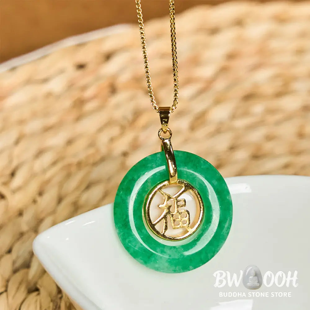 Buddha Stones Cyan Jade Fu Character Peace Buckle Healing Luck Necklace Pendant - BWOOOH - Cyan Jade - Necklaces &