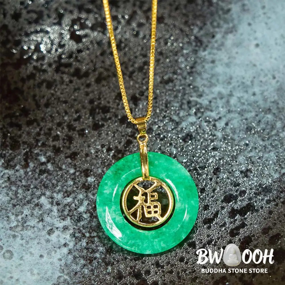 Buddha Stones Cyan Jade Fu Character Peace Buckle Healing Luck Necklace Pendant - BWOOOH - Cyan Jade - Necklaces &amp;