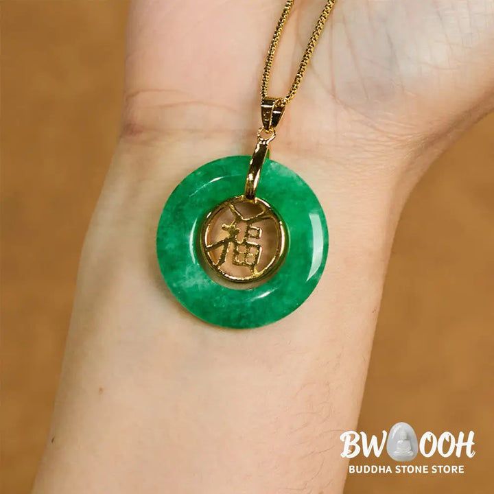 Buddha Stones Cyan Jade Fu Character Peace Buckle Healing Luck Necklace Pendant - BWOOOH - Cyan Jade - Necklaces &amp;