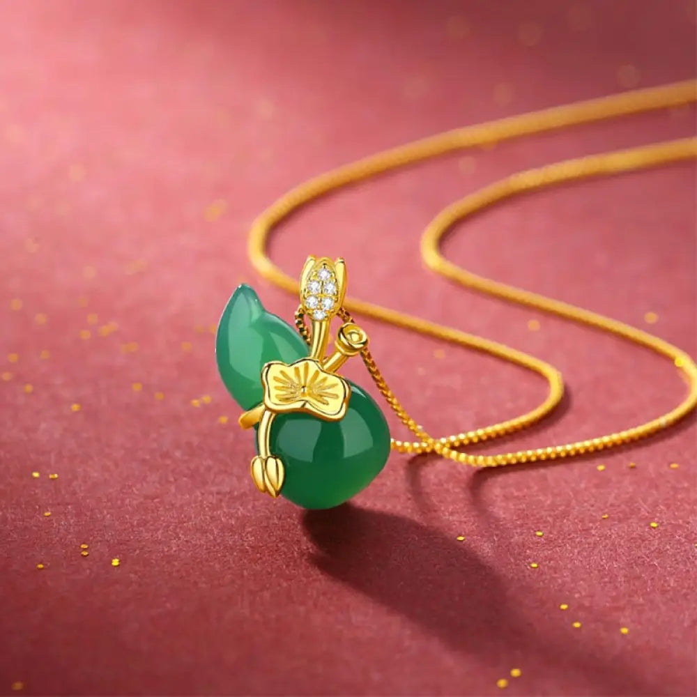 BWOOOH 18K gold-plated Cyan Jade Gourd and Lotus Leaf abundance pendant necklace for blessings and success