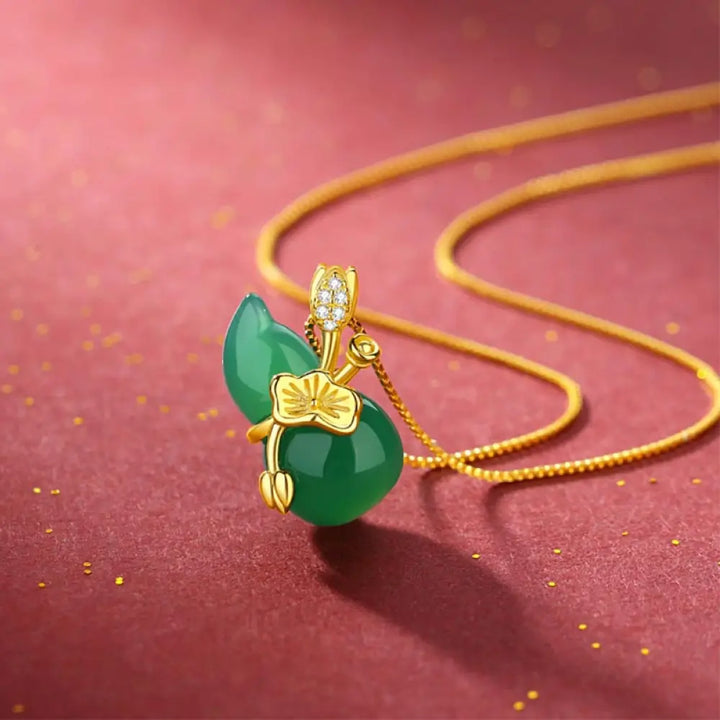 BWOOOH 18K gold-plated Cyan Jade Gourd and Lotus Leaf abundance pendant necklace for blessings and success