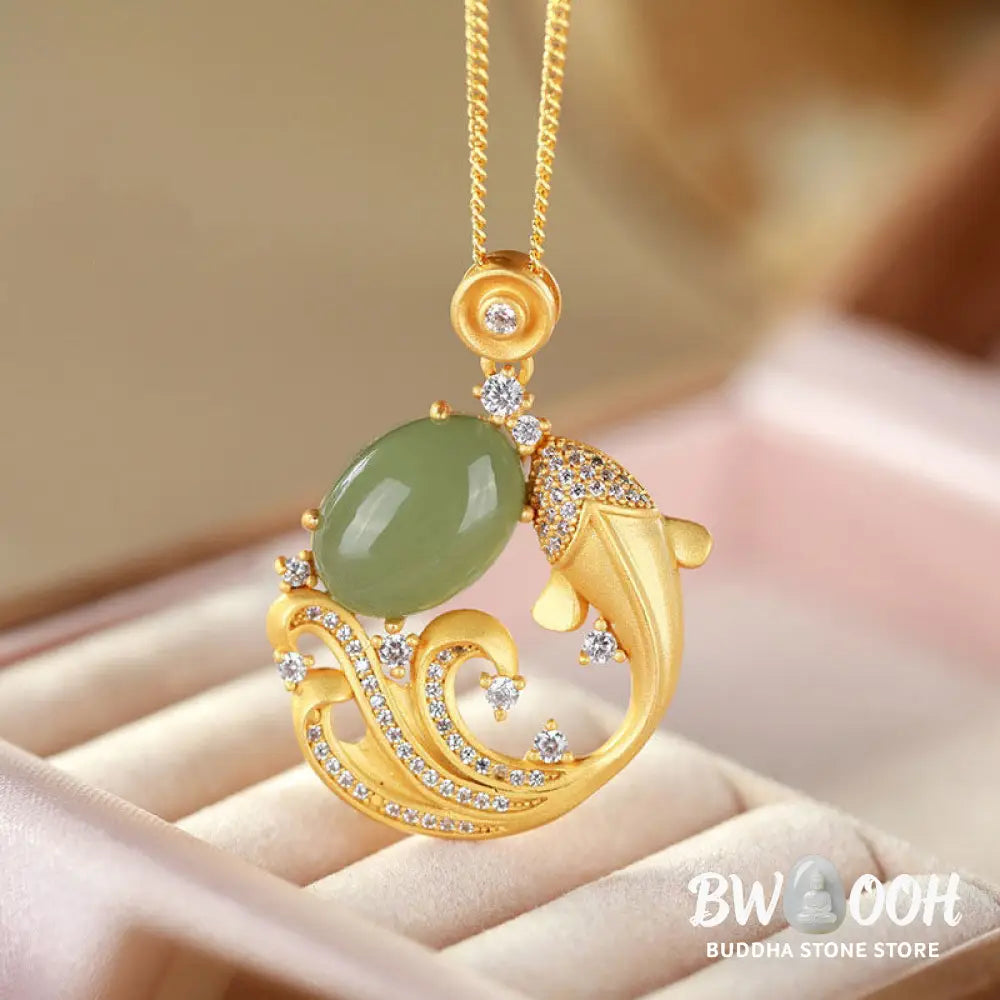 BWOOOH Cyan Jade Koi Fish Healing Calm Necklace Pendant. Intricately carved serene blue-green jade koi, symbolizing prosperity, success, and inner harmony. Adjustable length. - View 8