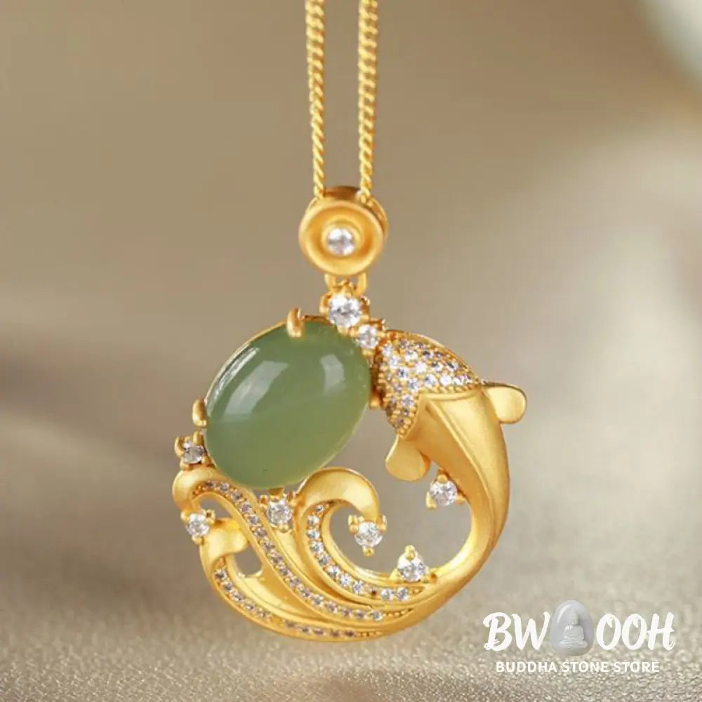 BWOOOH Cyan Jade Koi Fish Healing Calm Necklace Pendant. Intricately carved serene blue-green jade koi, symbolizing prosperity, success, and inner harmony. Adjustable length. - View 2