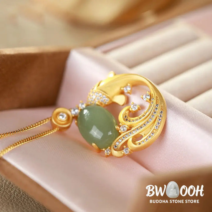 BWOOOH Cyan Jade Koi Fish Healing Calm Necklace Pendant. Intricately carved serene blue-green jade koi, symbolizing prosperity, success, and inner harmony. Adjustable length. - View 9
