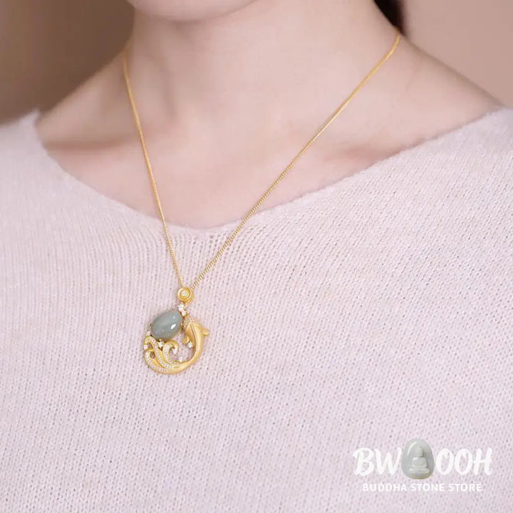 BWOOOH Cyan Jade Koi Fish Healing Calm Necklace Pendant. Intricately carved serene blue-green jade koi, symbolizing prosperity, success, and inner harmony. Adjustable length. - View 3