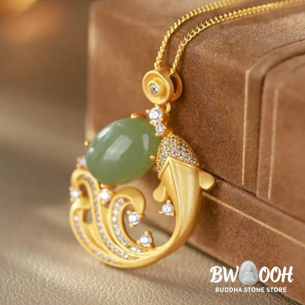 BWOOOH Cyan Jade Koi Fish Healing Calm Necklace Pendant. Intricately carved serene blue-green jade koi, symbolizing prosperity, success, and inner harmony. Adjustable length. - View 5