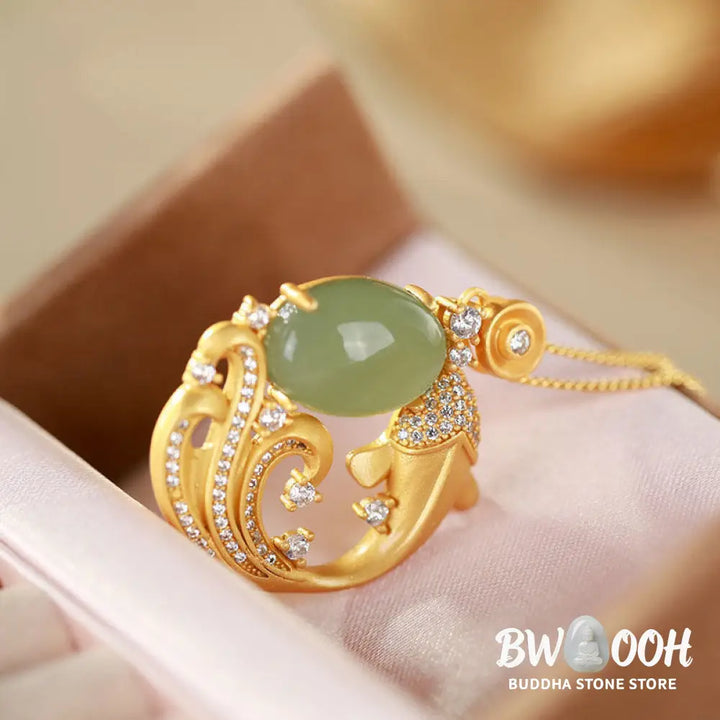 BWOOOH Cyan Jade Koi Fish Healing Calm Necklace Pendant. Intricately carved serene blue-green jade koi, symbolizing prosperity, success, and inner harmony. Adjustable length. - View 7