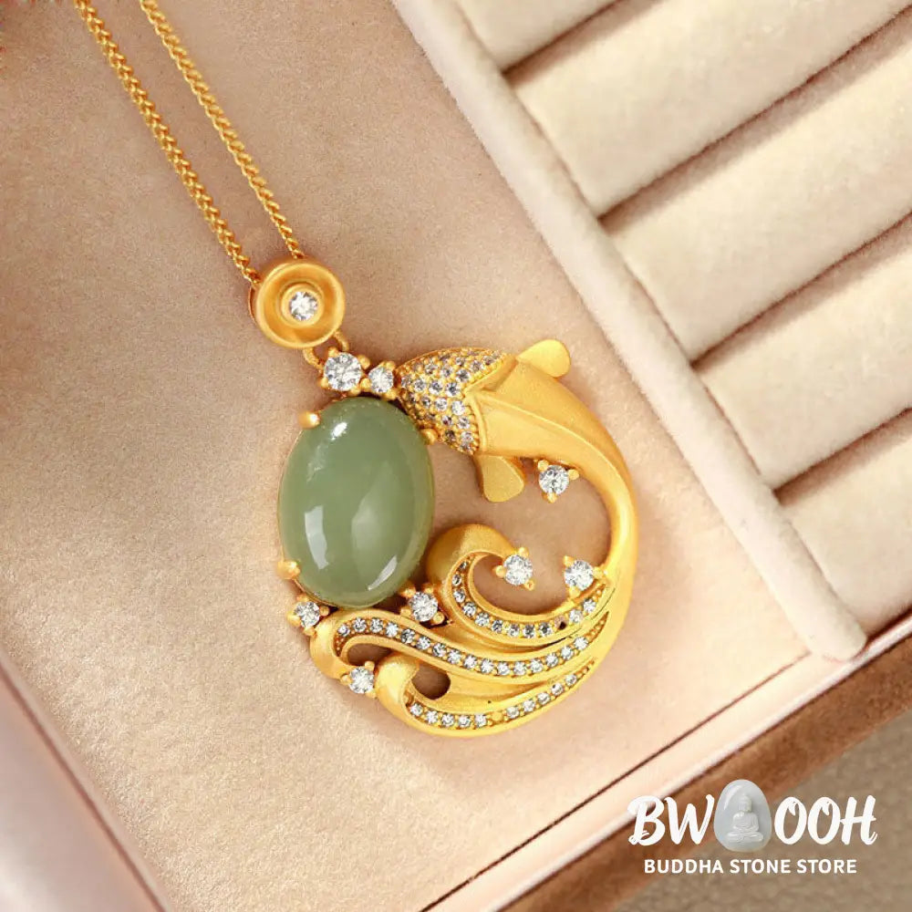 BWOOOH Cyan Jade Koi Fish Healing Calm Necklace Pendant. Intricately carved serene blue-green jade koi, symbolizing prosperity, success, and inner harmony. Adjustable length. - View 6