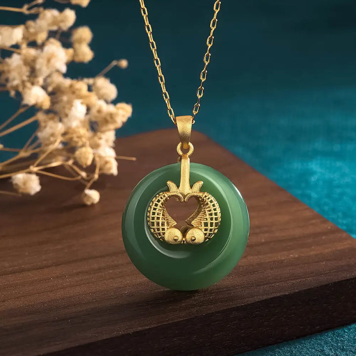 BWOOOH cyan jade copper koi fish luck necklace pendant — success, prosperity, wealth &amp; healing spiritual jewelry
