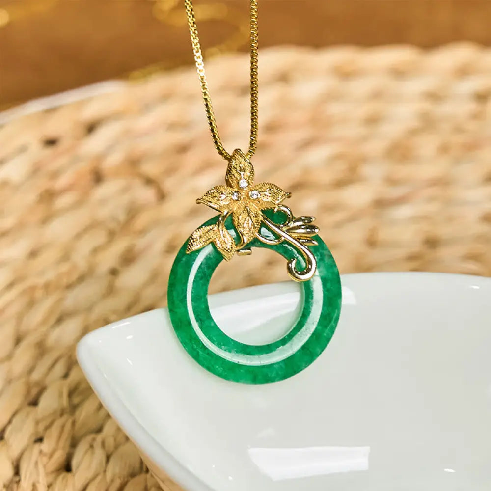 Buddha Stones Cyan Jade Peace Buckle Alloy Flower Healing Luck Necklace Pendant - BWOOOH - Cyan Jade-Gold Flower