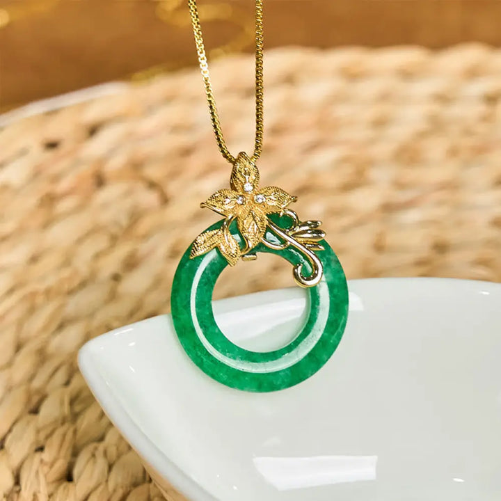 Buddha Stones Cyan Jade Peace Buckle Alloy Flower Healing Luck Necklace Pendant - BWOOOH - Cyan Jade-Gold Flower
