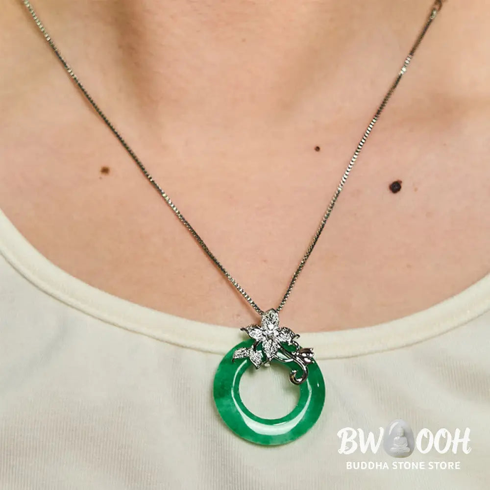 Buddha Stones Cyan Jade Peace Buckle Alloy Flower Healing Luck Necklace Pendant - BWOOOH - Necklaces &amp; Pendants