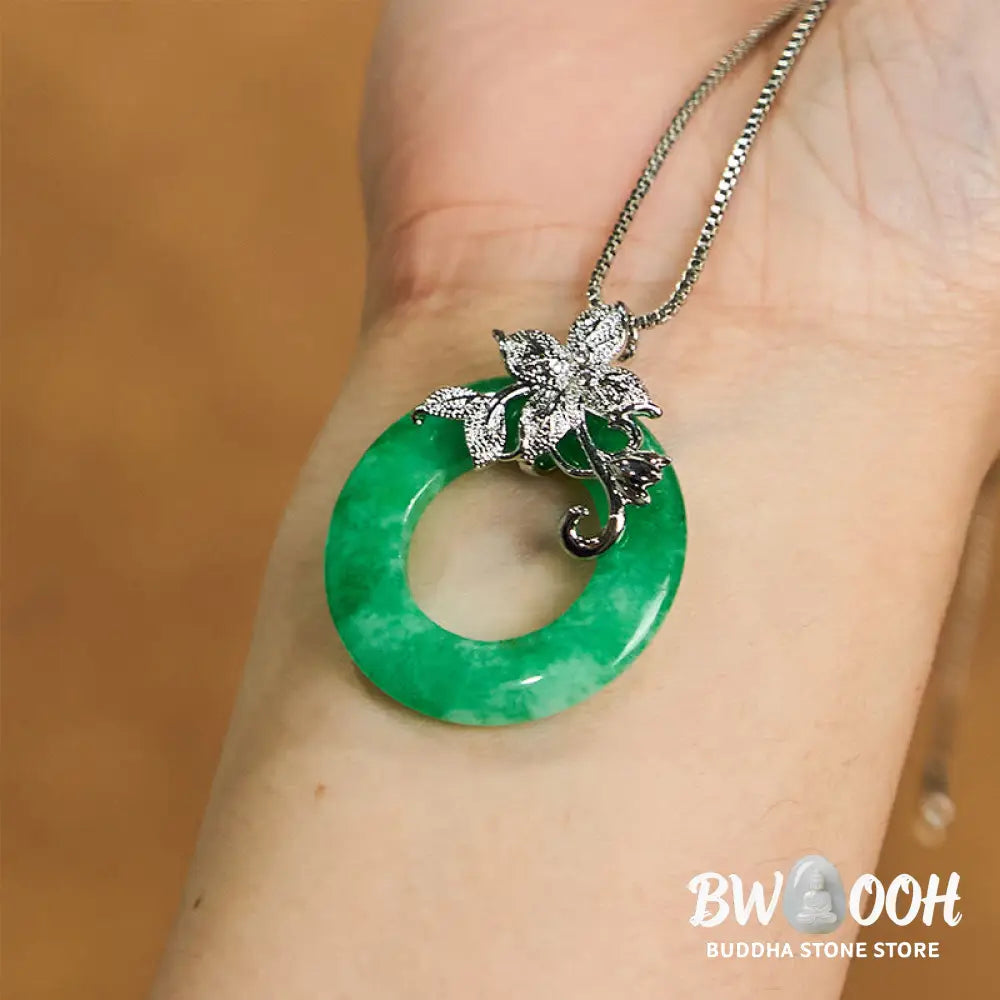 Buddha Stones Cyan Jade Peace Buckle Alloy Flower Healing Luck Necklace Pendant - BWOOOH - Necklaces &amp; Pendants