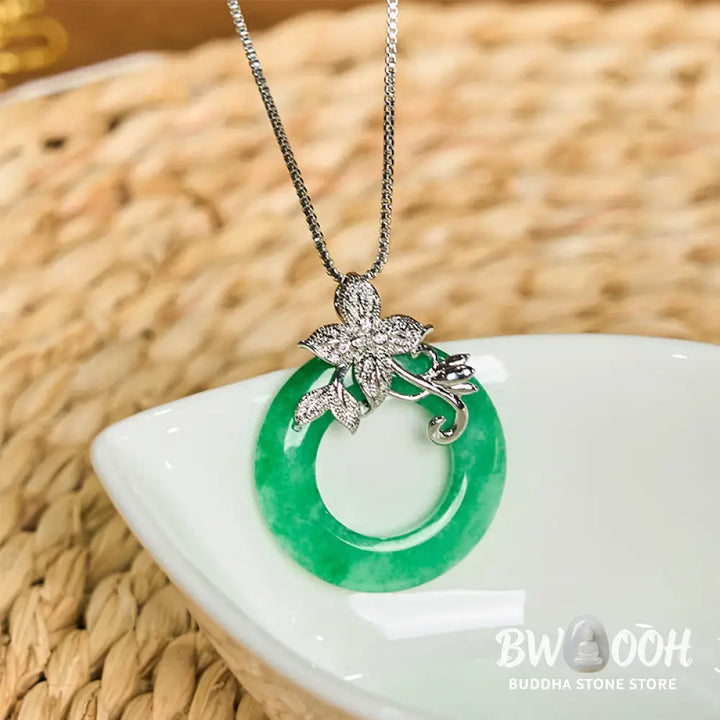 Buddha Stones Cyan Jade Peace Buckle Alloy Flower Healing Luck Necklace Pendant - BWOOOH - Necklaces &amp; Pendants