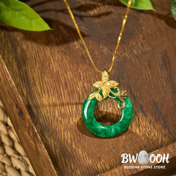 Buddha Stones Cyan Jade Peace Buckle Alloy Flower Healing Luck Necklace Pendant - BWOOOH - Necklaces &amp; Pendants