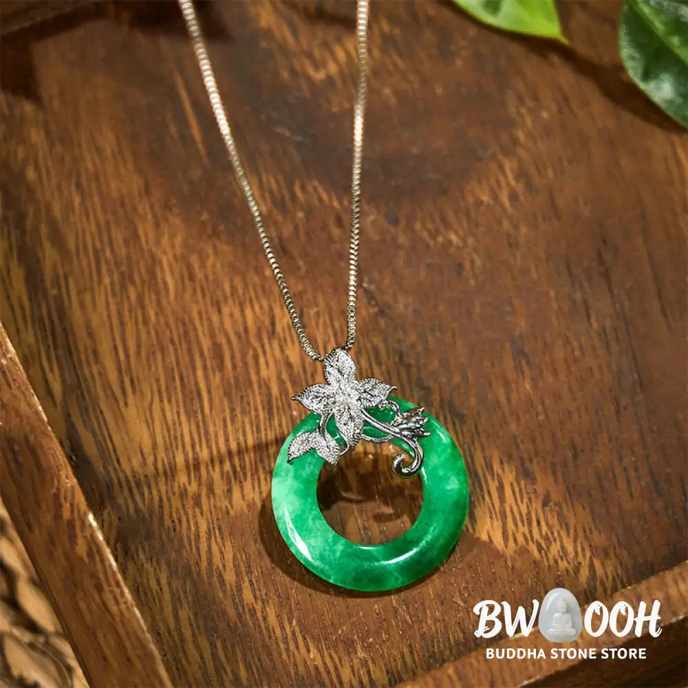 Buddha Stones Cyan Jade Peace Buckle Alloy Flower Healing Luck Necklace Pendant - BWOOOH - Necklaces &amp; Pendants