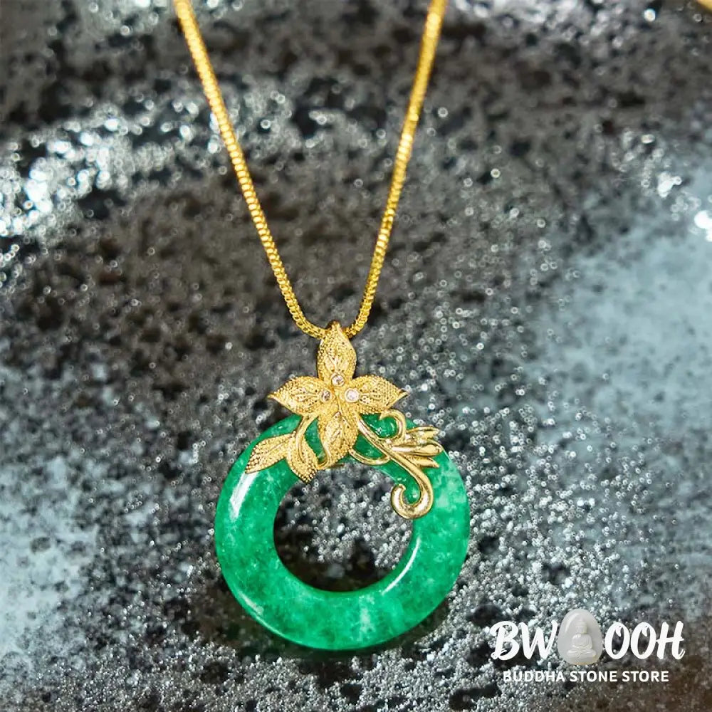 Buddha Stones Cyan Jade Peace Buckle Alloy Flower Healing Luck Necklace Pendant - BWOOOH - Necklaces &amp; Pendants