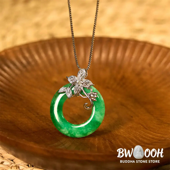 Buddha Stones Cyan Jade Peace Buckle Alloy Flower Healing Luck Necklace Pendant - BWOOOH - Necklaces &amp; Pendants