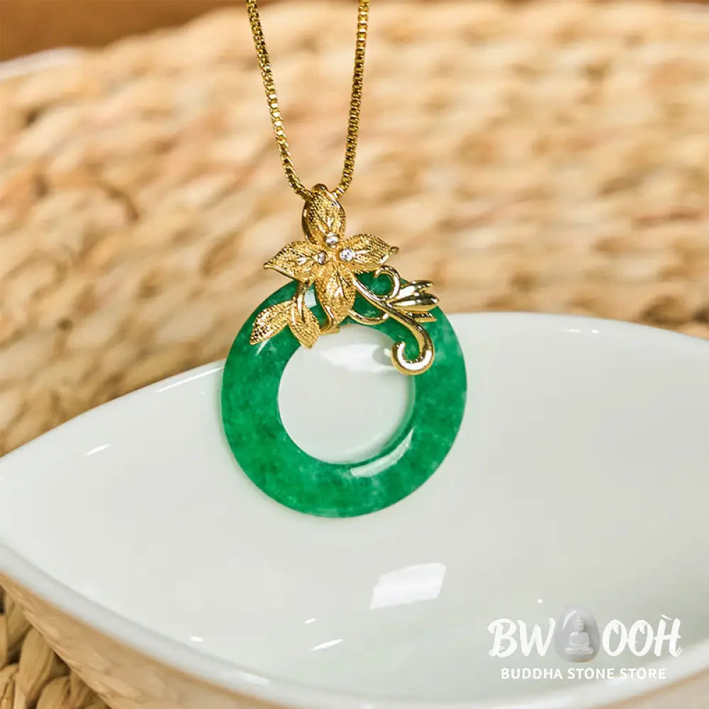 Buddha Stones Cyan Jade Peace Buckle Alloy Flower Healing Luck Necklace Pendant - BWOOOH - Necklaces & Pendants