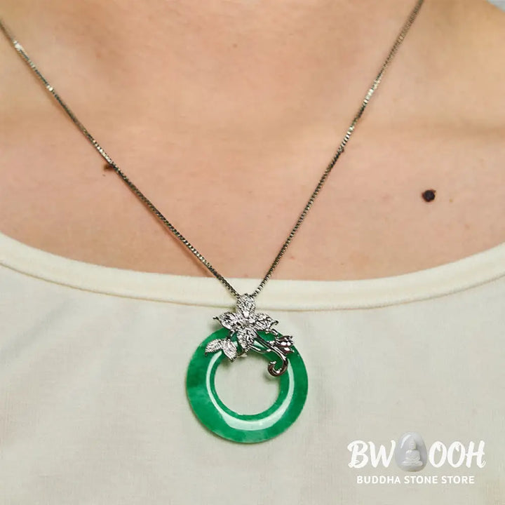 Buddha Stones Cyan Jade Peace Buckle Alloy Flower Healing Luck Necklace Pendant - BWOOOH - Necklaces &amp; Pendants