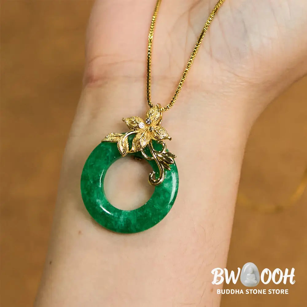 Buddha Stones Cyan Jade Peace Buckle Alloy Flower Healing Luck Necklace Pendant - BWOOOH - Necklaces &amp; Pendants