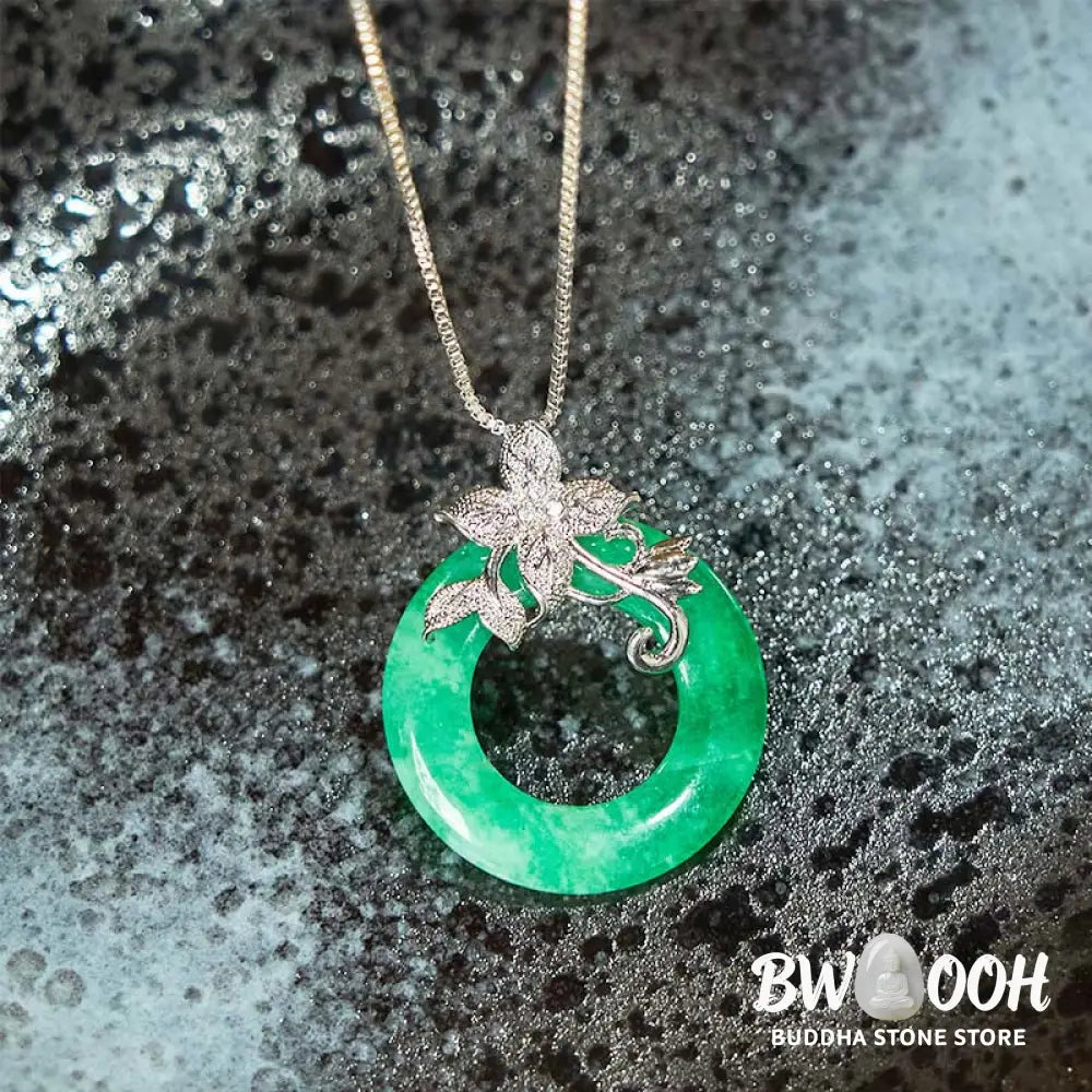 Buddha Stones Cyan Jade Peace Buckle Alloy Flower Healing Luck Necklace Pendant - BWOOOH - Necklaces &amp; Pendants