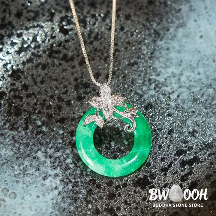 Buddha Stones Cyan Jade Peace Buckle Alloy Flower Healing Luck Necklace Pendant - BWOOOH - Necklaces &amp; Pendants