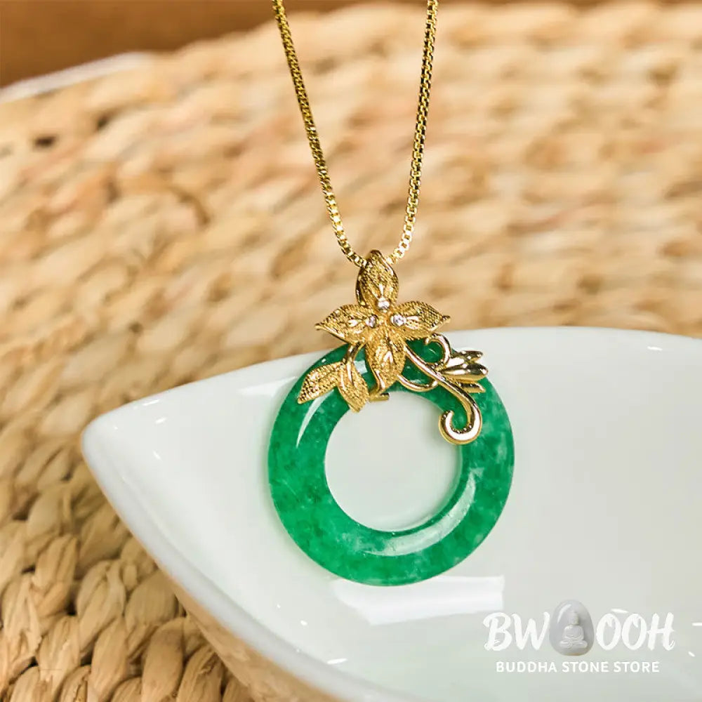 Buddha Stones Cyan Jade Peace Buckle Alloy Flower Healing Luck Necklace Pendant - BWOOOH - Necklaces &amp; Pendants