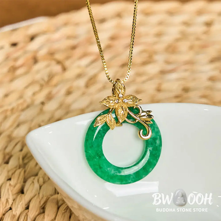 Buddha Stones Cyan Jade Peace Buckle Alloy Flower Healing Luck Necklace Pendant - BWOOOH - Necklaces &amp; Pendants