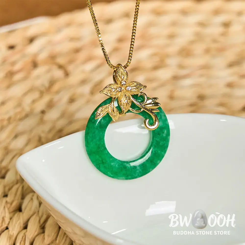 Buddha Stones Cyan Jade Peace Buckle Alloy Flower Healing Luck Necklace Pendant - BWOOOH - Necklaces &amp; Pendants