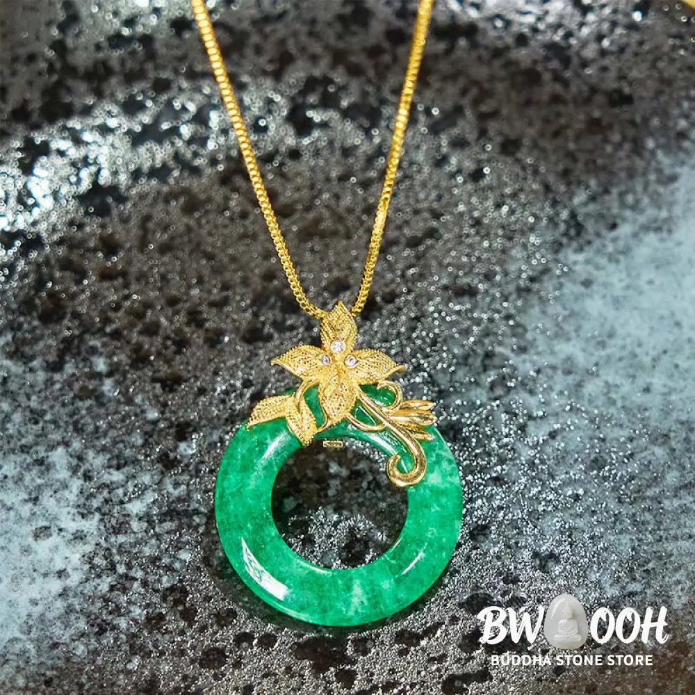 Buddha Stones Cyan Jade Peace Buckle Alloy Flower Healing Luck Necklace Pendant - BWOOOH - Necklaces &amp; Pendants