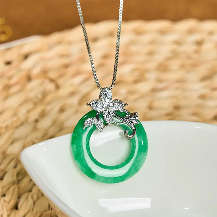 Buddha Stones Cyan Jade Peace Buckle Alloy Flower Healing Luck Necklace Pendant - BWOOOH - Cyan Jade-Silver Flower
