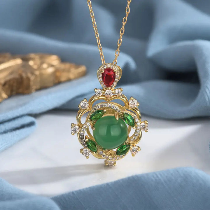 Buddha Stones Cyan Jade Red Crystal Luck Necklace - BWOOOH - Green - Necklaces &amp; Pendants