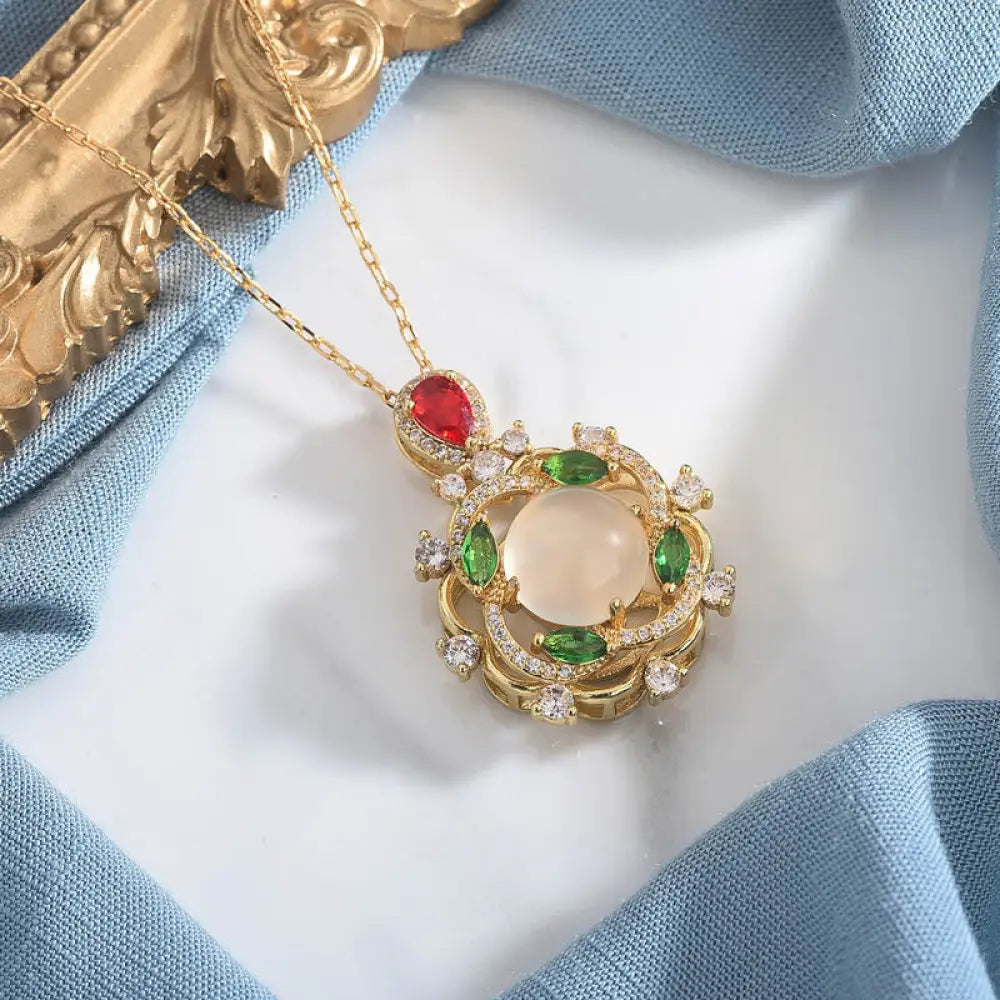 Buddha Stones Cyan Jade Red Crystal Luck Necklace - BWOOOH - White - Necklaces &amp; Pendants