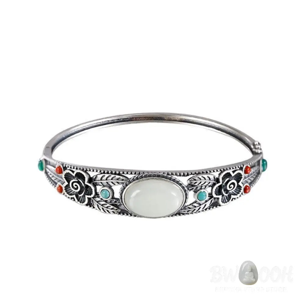 Buddha Stones Cyan Jade White Jade Flower Leaf Harmony Luck Bracelet Bangle - BWOOOH - Bracelet Bangle