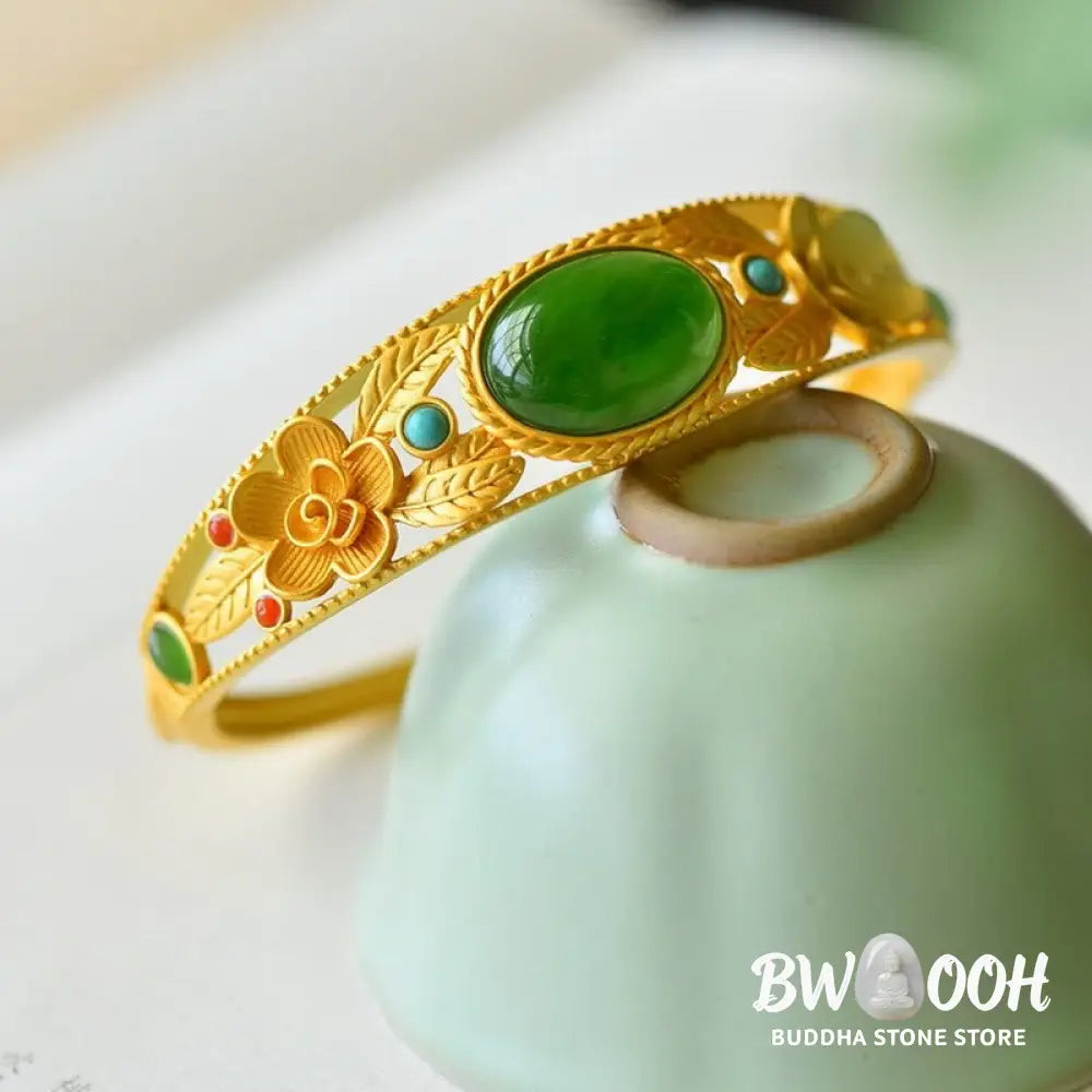 Buddha Stones Cyan Jade White Jade Flower Leaf Harmony Luck Bracelet Bangle - BWOOOH - Bracelet Bangle