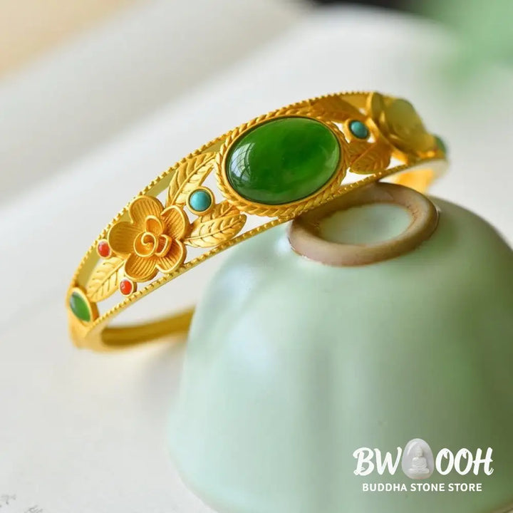 Buddha Stones Cyan Jade White Jade Flower Leaf Harmony Luck Bracelet Bangle - BWOOOH - Bracelet Bangle