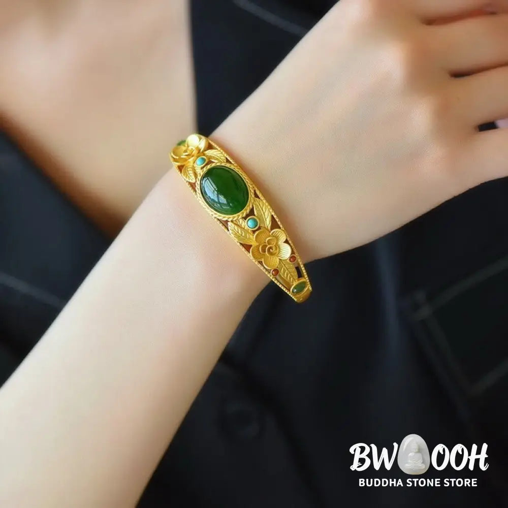 Buddha Stones Cyan Jade White Jade Flower Leaf Harmony Luck Bracelet Bangle - BWOOOH - Bracelet Bangle
