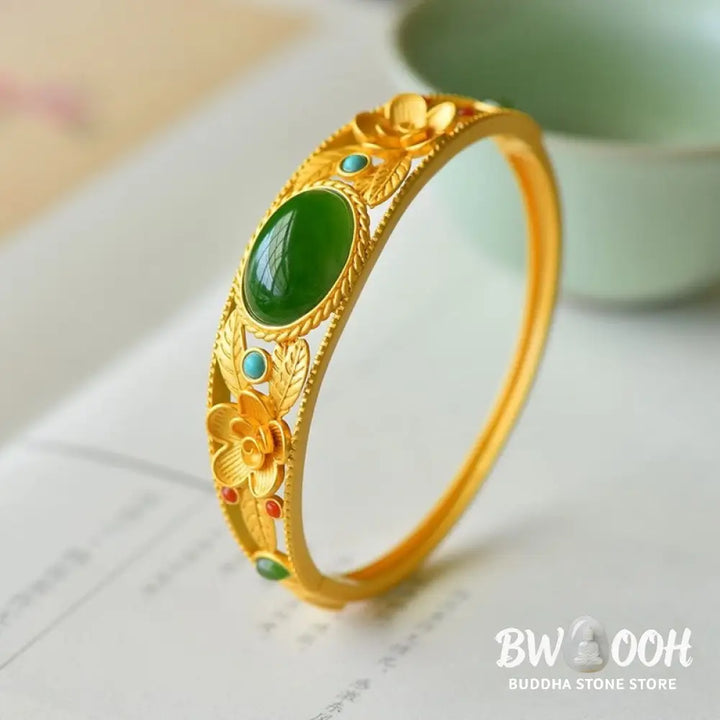 Buddha Stones Cyan Jade White Jade Flower Leaf Harmony Luck Bracelet Bangle - BWOOOH - Bracelet Bangle
