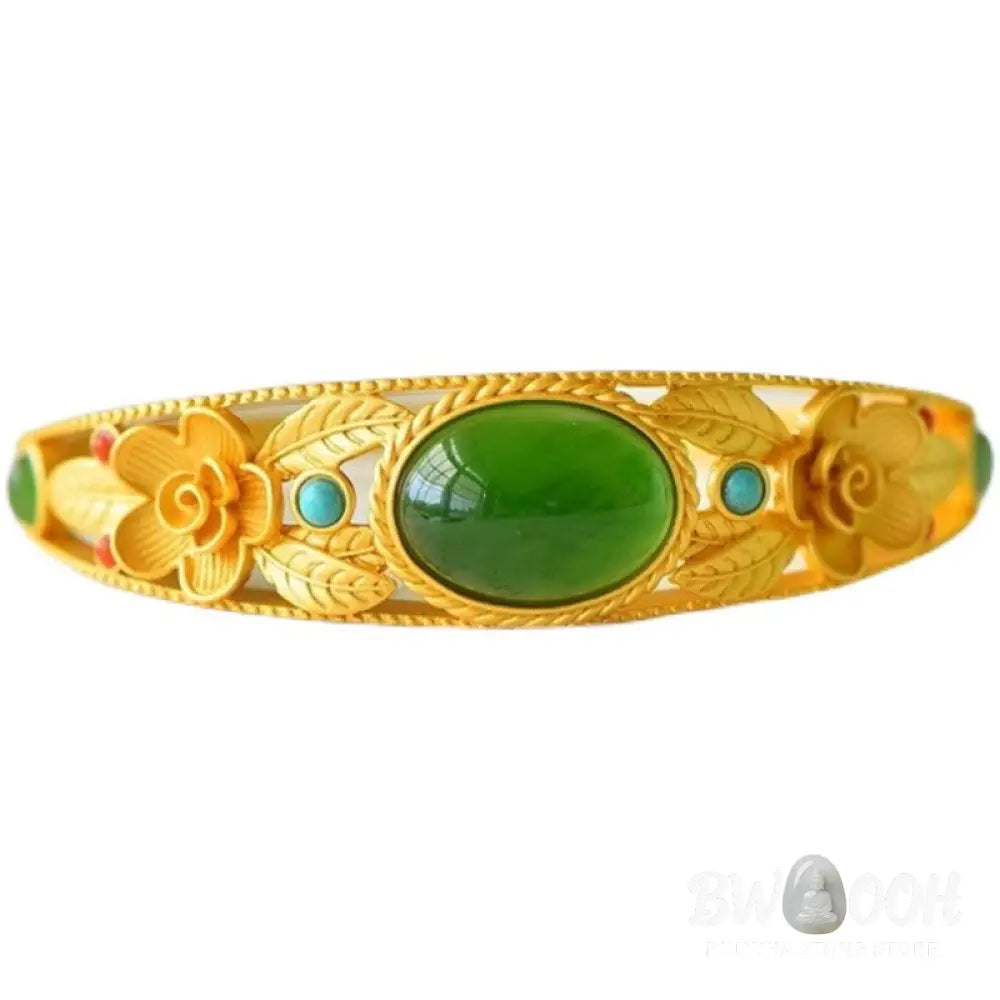 Buddha Stones Cyan Jade White Jade Flower Leaf Harmony Luck Bracelet Bangle - BWOOOH - Bracelet Bangle
