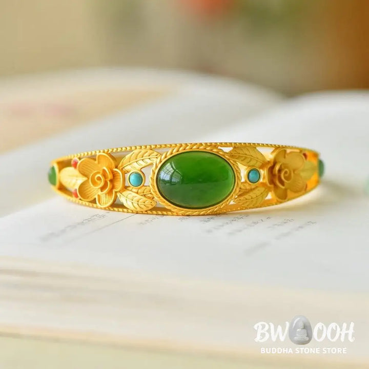 Buddha Stones Cyan Jade White Jade Flower Leaf Harmony Luck Bracelet Bangle - BWOOOH - Bracelet Bangle