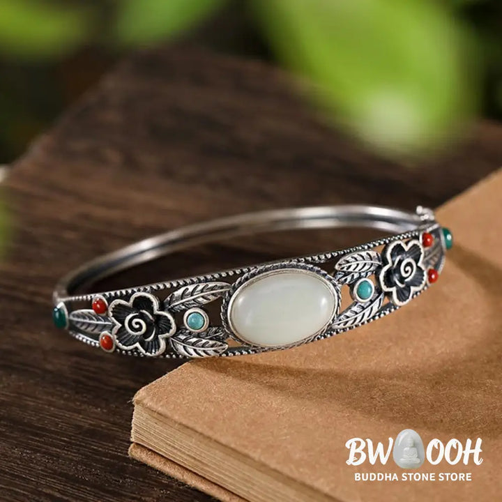 Buddha Stones Cyan Jade White Jade Flower Leaf Harmony Luck Bracelet Bangle - BWOOOH - Bracelet Bangle
