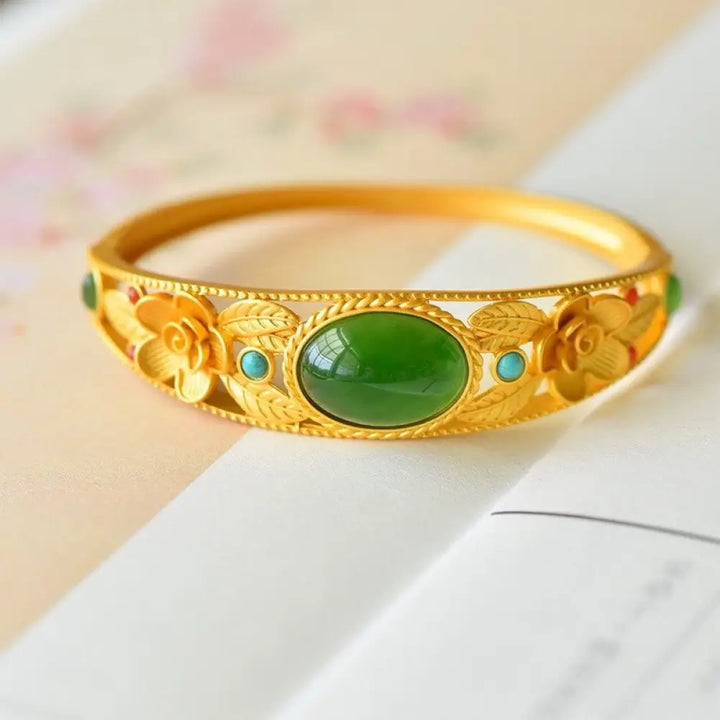 BWOOOH Cyan Jade White Jade Flower Leaf Harmony Luck Bracelet Bangle - BWOOOH - Cyan Jade&amp;Golden Bangle