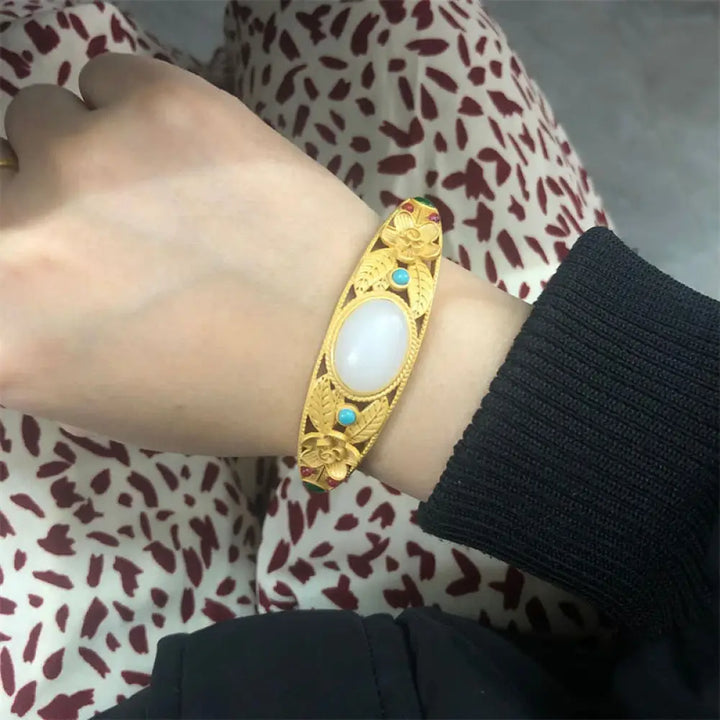 Buddha Stones Cyan Jade White Jade Flower Leaf Harmony Luck Bracelet Bangle - BWOOOH - White Jade&amp;Golden Bangle
