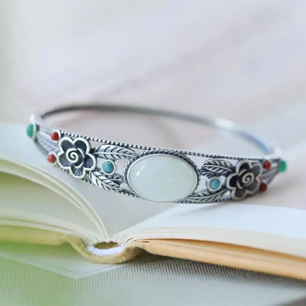 Buddha Stones Cyan Jade White Jade Flower Leaf Harmony Luck Bracelet Bangle - BWOOOH - White Jade&amp;Silver Bangle
