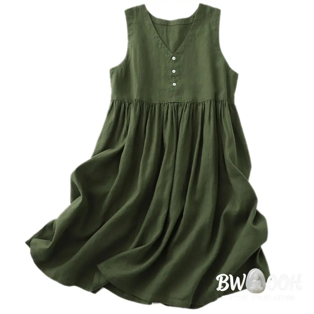Buddha Stones Daily Casual Pure Color V-Neck Simple Buttons Design Sleeveless Midi Dress - Midi Dress