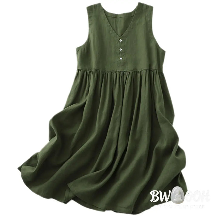 Buddha Stones Daily Casual Pure Color V-Neck Simple Buttons Design Sleeveless Midi Dress - Midi Dress