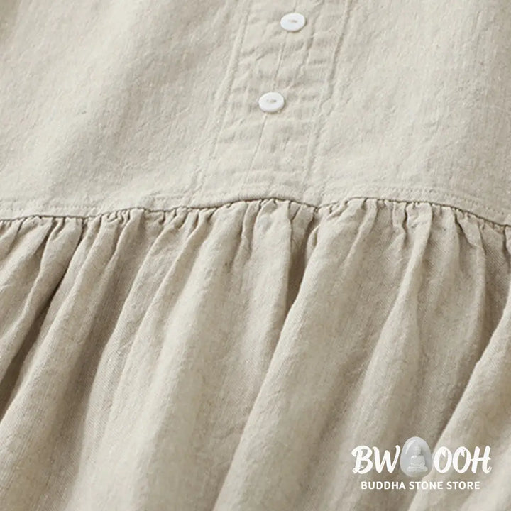 Buddha Stones Daily Casual Pure Color V-Neck Simple Buttons Design Sleeveless Midi Dress - Midi Dress