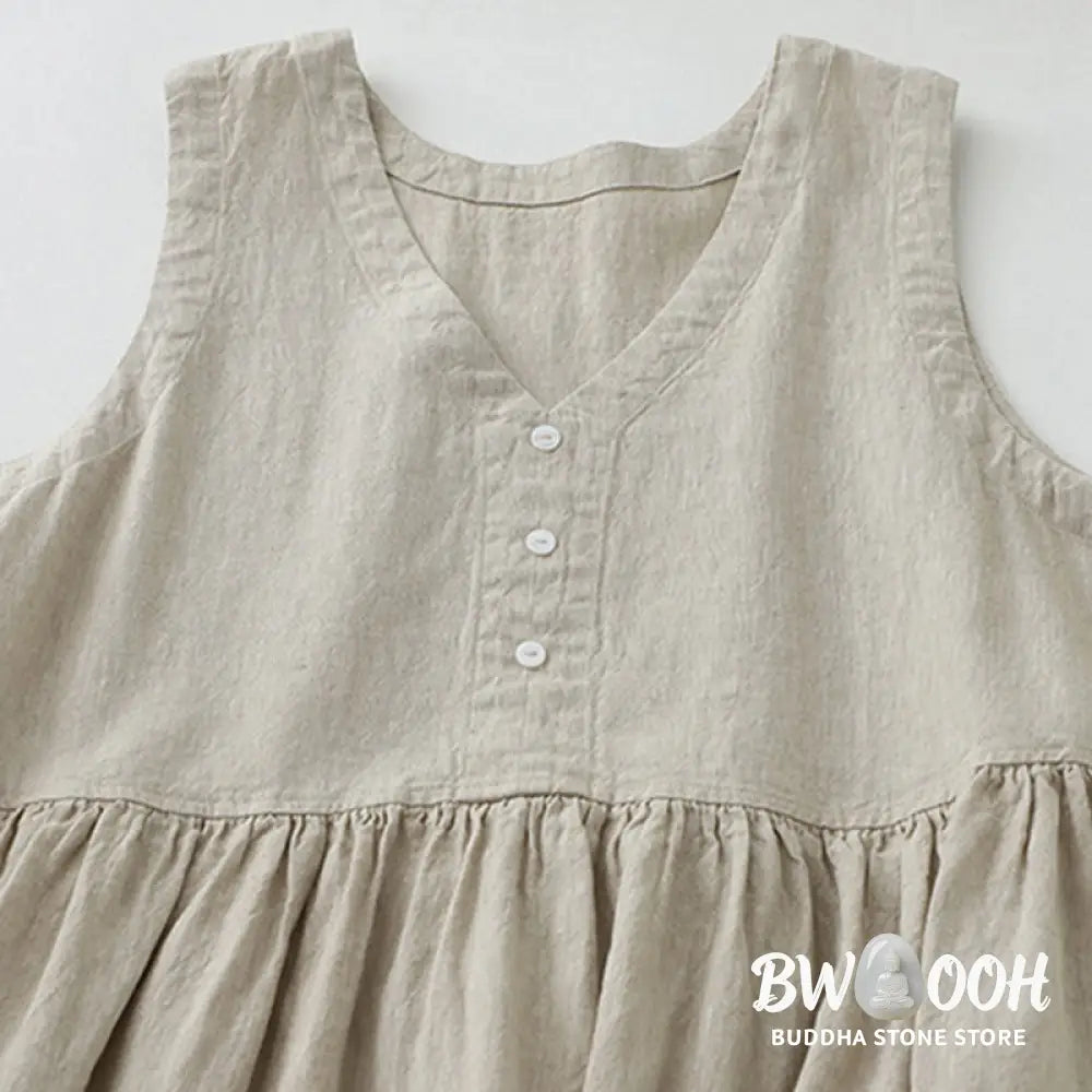 Buddha Stones Daily Casual Pure Color V-Neck Simple Buttons Design Sleeveless Midi Dress - Midi Dress